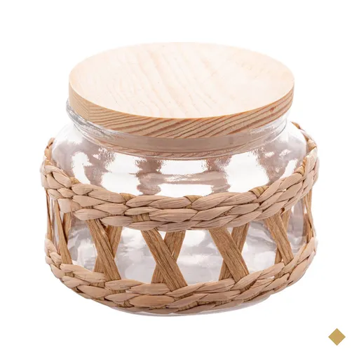 Pote Hermético de Vidro Tampa Madeira e Sisal 350ml Redondo Mantimentos Wolff