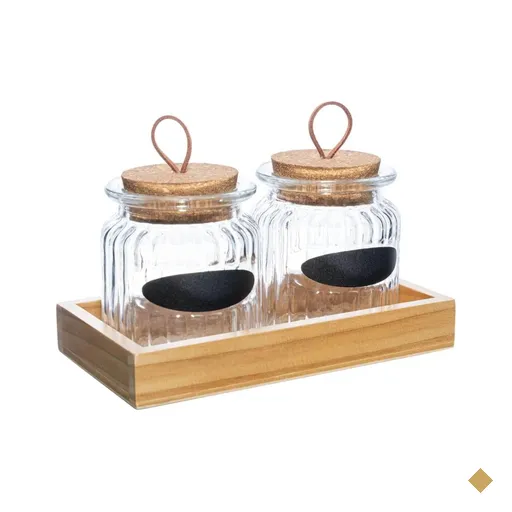 Conjunto 2 Porta Temperos Vidro 260ml Bandeja Madeira Lyor Pote para Grãos…
