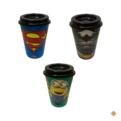 Kit 3 Copos para Café 320 Ml Tampa, Batman, Superman, Minion