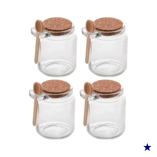Kit de 4 Pote Porta Temperos de Vidro Tampa de Rolha 240ml Colher de Bambu Lyor