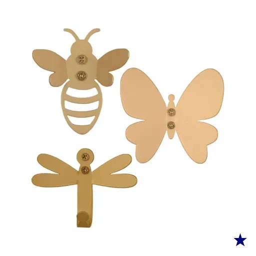 Kit 3 Ganchos Multiuso Parede Dourados Abelha Libélula Borboleta Porta Luft…