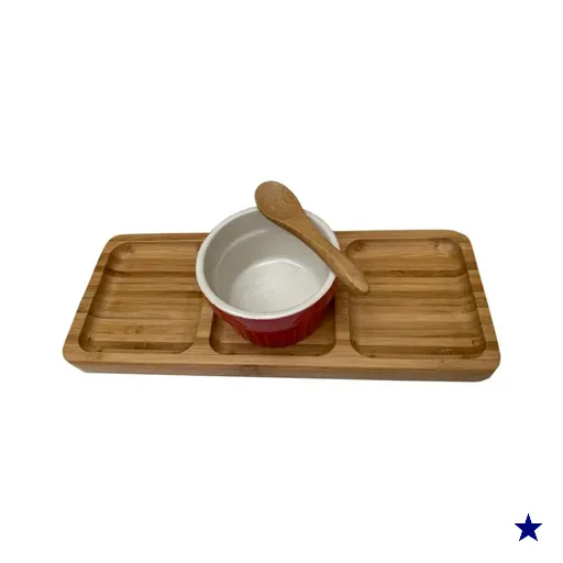 Petisqueira de bambu 25 cm 3 espaços Ramequim e espatula
