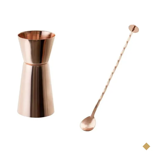 Dosador duplo e colher bailarina para drinks - inox cobre