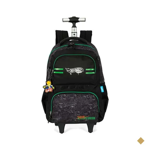 Mochila escolar em poliéster com rodas Hot Wheels Skate, Preta com verde…