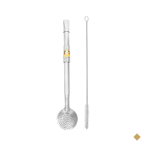 Bomba Chimarrão Tererê Aço Inox 23cm com Rosca e Anel com Pingente de Brasão