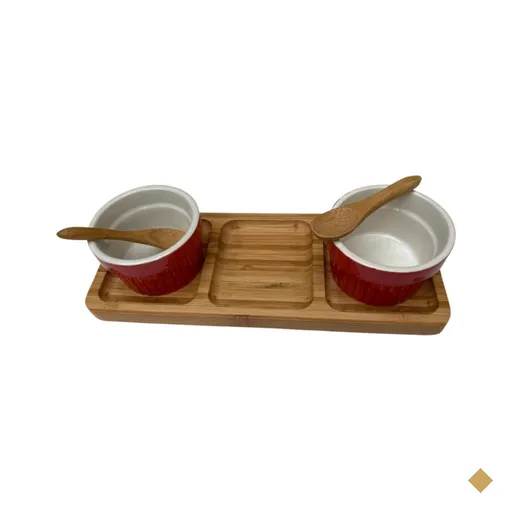 Petisqueira de bambu 25 cm 3 espaços  2 Ramequins e espatula
