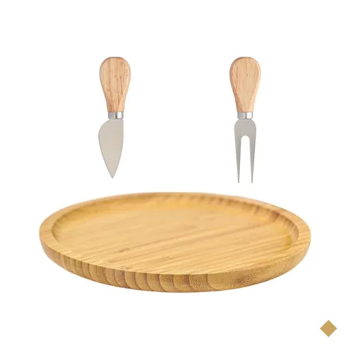 Kit bandeja bambu 25 cm, cortador e garfo para queijos