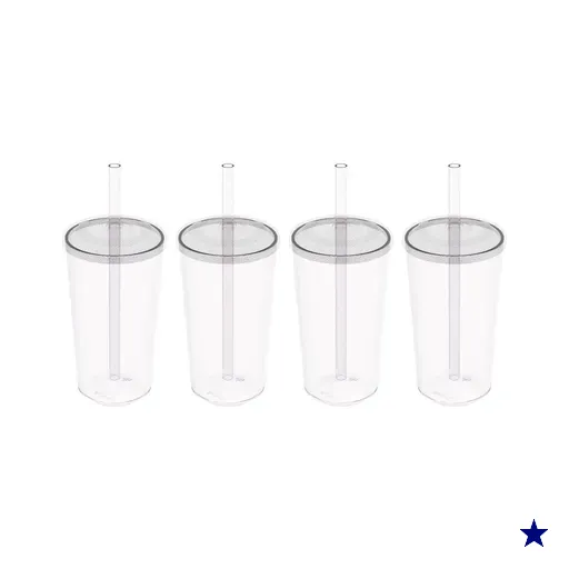 4 Copos com Tampa e Canudo 500ml Crippa Transparente Plástico Água Suco…