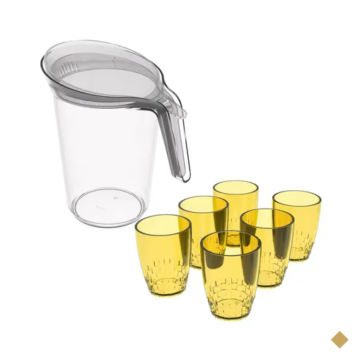 6 Copos Amarelos 300ml e 1 Jarra Transparente 2L com Tampa Água Suco Crippa
