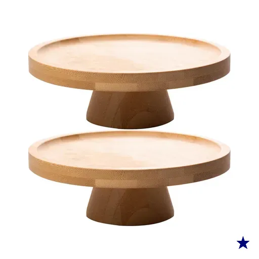 2 Pratos Pedestal Redondos Bambu para Bolo 20cm Boleiras Peq
