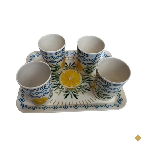 Bandeja  30x23 cm e 4 copos mod LIMAO SICILIANO fibra bambu
