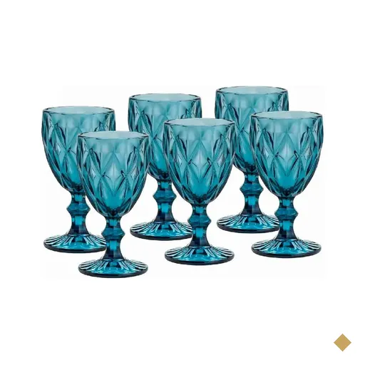 Jogo 6 Taças Diamond Azul De Vidro 350ml Diamante Água Sucos Refrigerantes