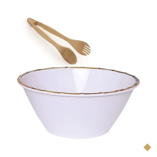Saladeira de Melamina e Bambu - 25 cm com pegadores de Bambu