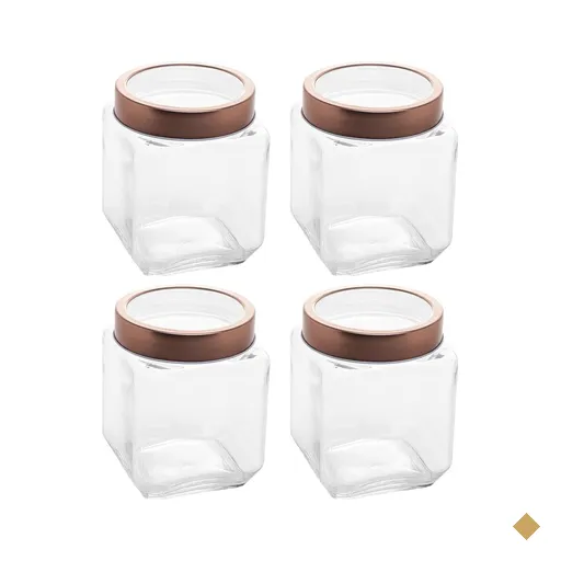 Kit Com 4 Pote de Vidro 1,2L Quadrado com Tampa Metal Mantimentos Rosé Gold…