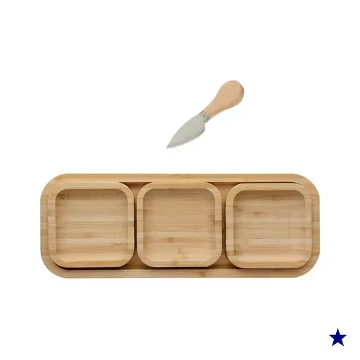 Petisqueira de bambu com 4 peças - 31cm com Faca para queijo