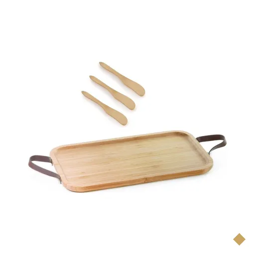 Bandeja de bambu com alça de couro 28cm e 3 espatulas