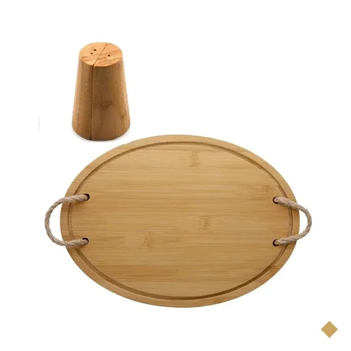 Bandeja de bambu 33x23 com pegador mais saleiro e pimenteiro