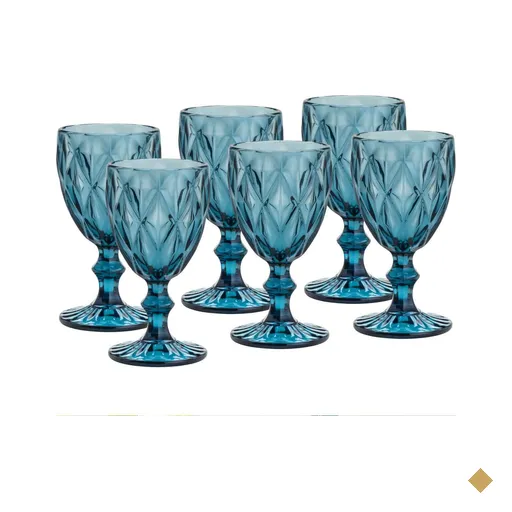 Jogo 6 Taças Vidro Diamond Azul 325ml Água Suco Refrigerante Coquetéis Lyor