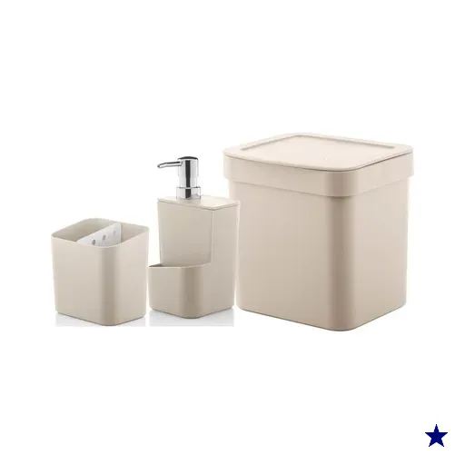 Kit Lixeira 4,7L Escorredor de Talheres Dispenser Detergente Cozinha Bege