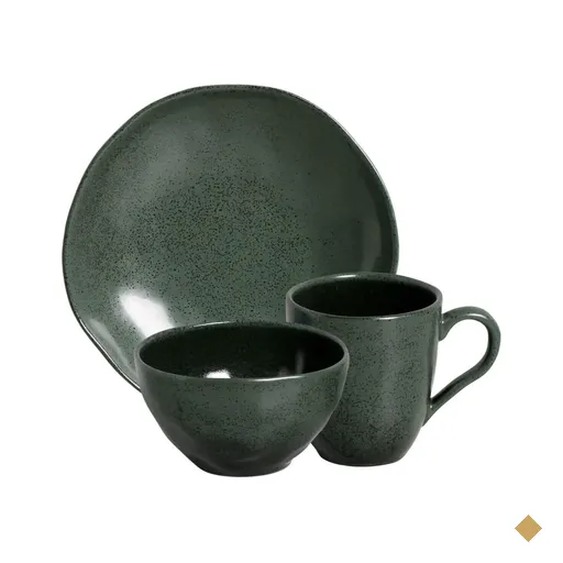 Jogo Prato Fundo Caneca e Bowl Cerâmica Orgânica Verde Arauco Porto Brasil