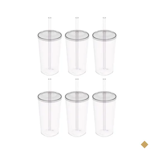 Kit 6 Copos com Tampa e Canudo 500ml Crippa Transparente Plástico Água Suco…