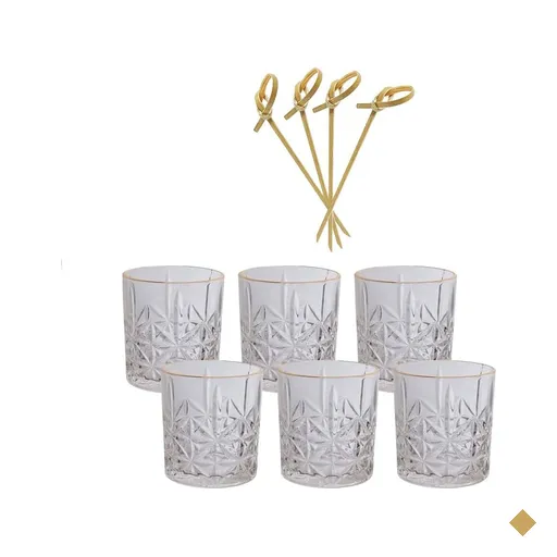 Kit 6 Copos Whisky 350 ml Borda dourada 50 palitos de bambu