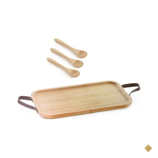Bandeja de bambu com alça de couro 35cm e 3 colherinhas