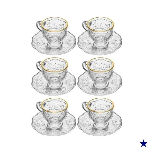 Cj 6 Xícaras de Chá com Píres New Butterfly Fio Ouro 80ml Cristal Ecologico…