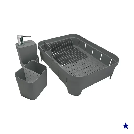 Kit 3 Utensílios Escorredor De Louça Talher Porta Detergente Chumbo