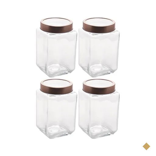 Kit 4 Potes Porta Mantimentos de Vidro 1,7L Tampa Metal Rose Gold Lyor Gastro