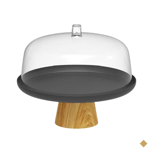 Boleira Cúpula Plástica 25cm com Pé Bambu Lume Preto Prato para Bolo Doces Ou