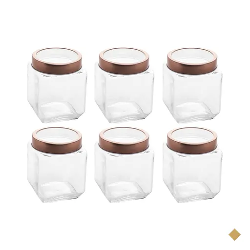 Jogo Com 6 Potes de Vidro 1,2L Quadrado C/ Tampa Metal Mantimentos Rosé Gold…