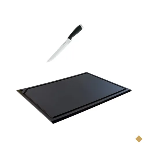 Tabua Corte polietileno Preta Canaleta 33x25 e faca cozinha