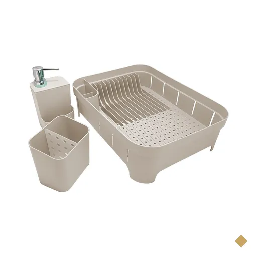 Kit 3 Utensílios Escorredor De Louça Talher Porta Detergente Bege