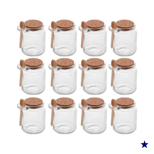 Kit 12 Potes de Vidro C/ Tampa de Rolha Colher de Bambu Porta Temperos 240ml…