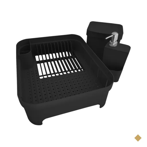 Kit Pia Cozinha Escorredor Pratos Lixeira 2,5L Porta Detergente Preto