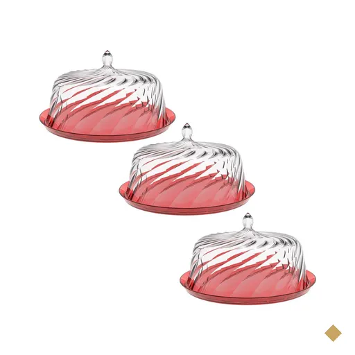 Kit 3 Boleiras com Cúpula 30cm Torta Doces Crippa Vermelho Transparente…
