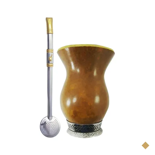 Kit Cuia de Porongo com Base e Bomba de Chimarrão Inox e Ouro 18k Tererê