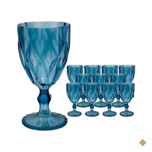 Conjunto 12 Taças De Vidro Azul Diamond 350ml Drinks Sucos Refrigerantes…