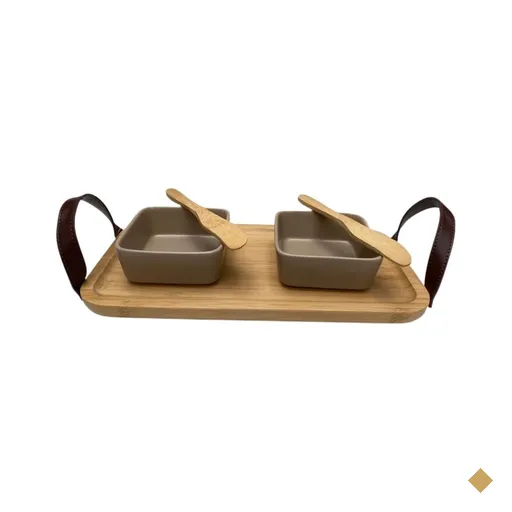 Bandeja de bambu com alça couro 2 petisqueiras - 2 espatulas