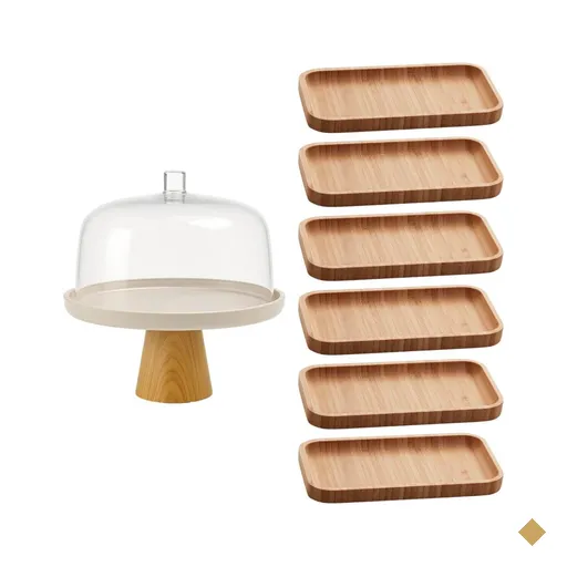 Conjunto Boleira com Tampa e 6 Bandejas de Bambu Retangulares Mesa Posta Cozinha