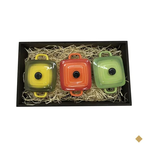 Panelinhas Amarela, Verde, Laranja de Porcelana com Bandeja rustica