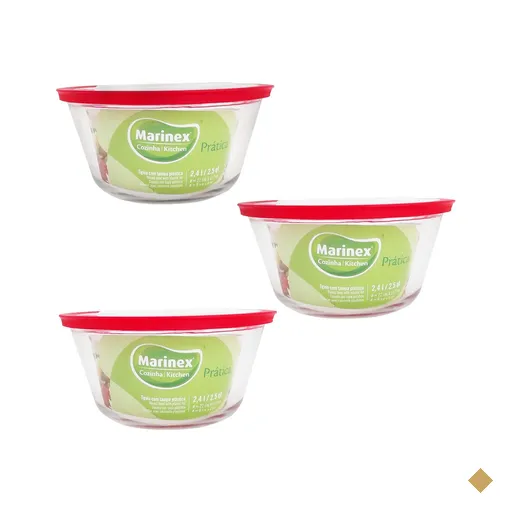 Kit 3 Potes de Vidro Redondo com Tampa Plástica 2,4l Cozinha Prática Marinex