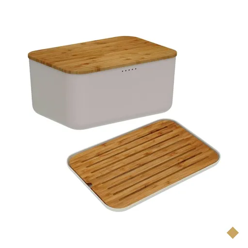 Conjunto Porta Pão com Tampa Caixa 33cm E Tábua Migalheira Bege Base Bambu…