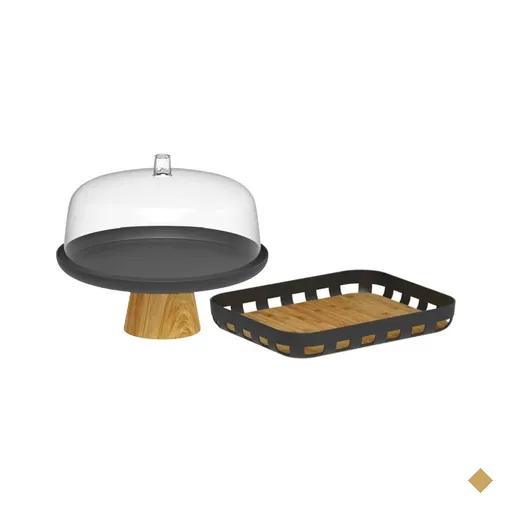 Conjunto Bandeja Retangular e Boleira Cúpula Plástica 25cm com Pé Bambu Lume…