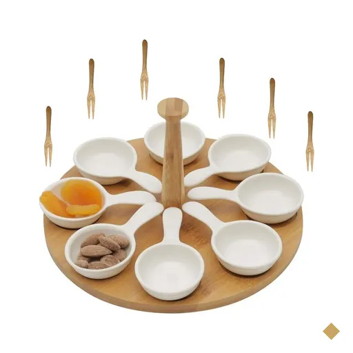 Charmosa Petisqueira de Porcelana e Bambu com garfinhos