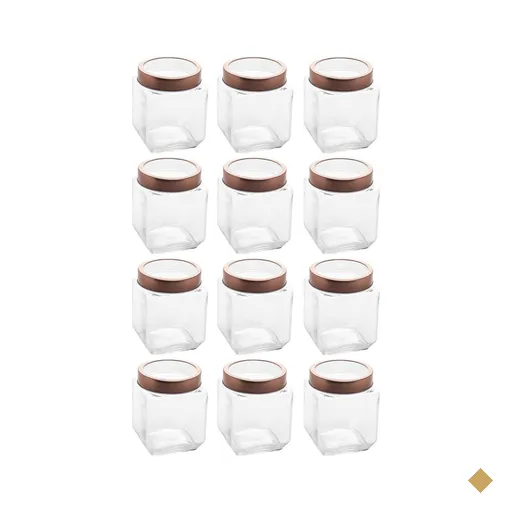 Kit Com 12 Potes de Vidro 1,2L Quadrado com Tampa Metal Mantimentos Rosé Gold…