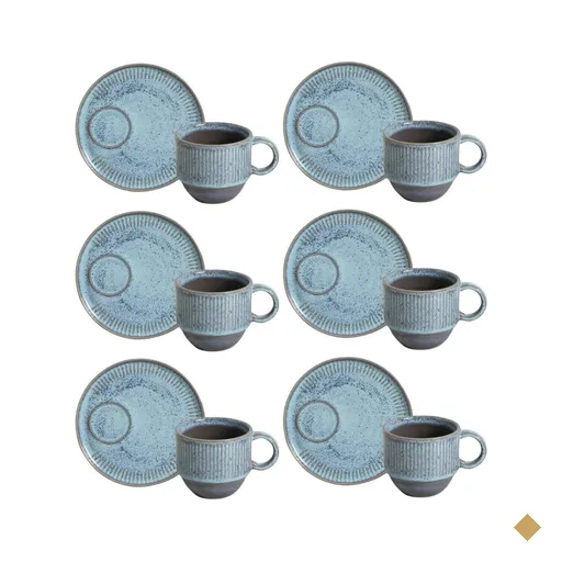 Conjunto 6 Xícaras de Chá 230ml Empilhável com Pires Linhas Breeze Azul Mesa…