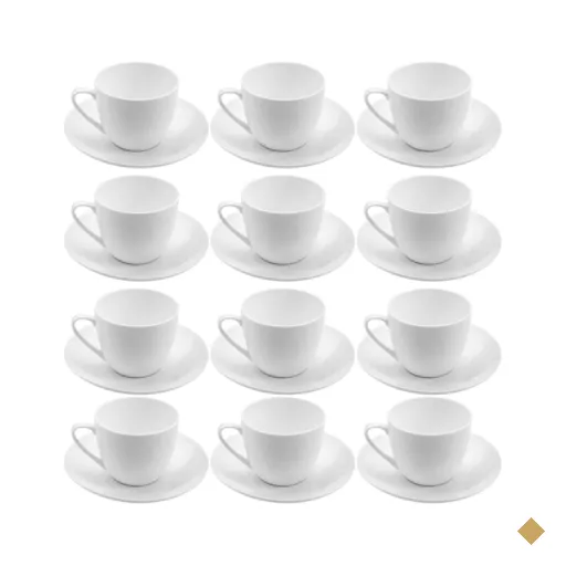 Jogo 12 Xicaras de Chá com Pires 220ml Porcelana Branca Clean Lyor Mesa Posta