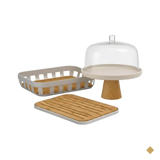 Kit Café da Manhã Boleira Cúpula Bandeja Tábua Migalheira Bambu Lume Bege Ou